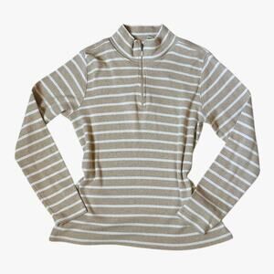 L.L Bean y2k Med beige and white striped quarter zip pull over mock neck sweater